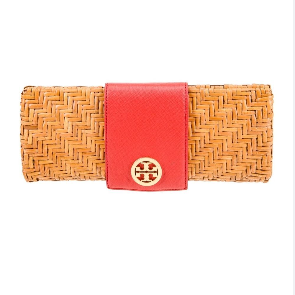 Tory Burch Orange Wicker Rattan Clutch